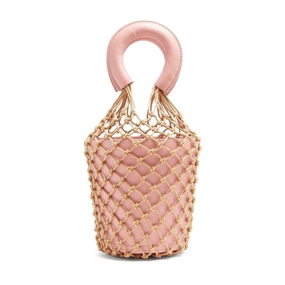 Staud Moreau Macrame Bucket Bag NEW Pink Tan Net Leather Handbag Open Top - Picture 1 of 7